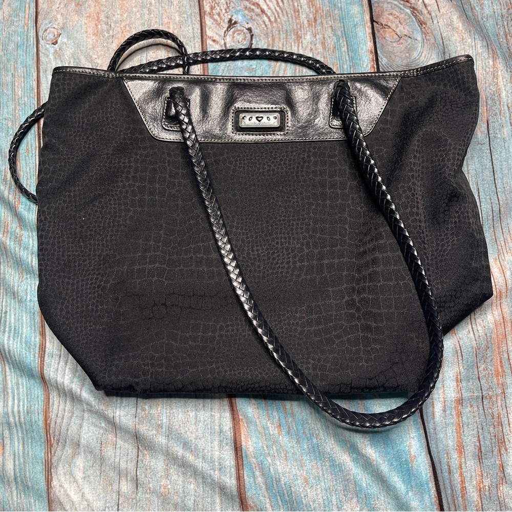 Brighton Black Croc Embossed Leather Trim Tote Bag Braided Straps Large